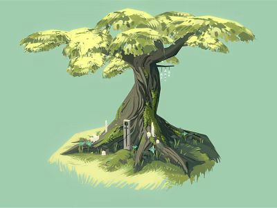 Cartoon Scene With Big Tree Featuring Mossy Trunk Door And Grass Around Roots 3d model