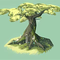Cartoon Scene With Big Tree Featuring Mossy Trunk Door And Grass Around Roots