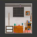 Colorful Furniture In Miniature Room With Piano Bookshelf Chair Table And Easel