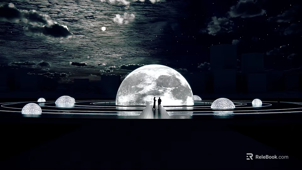 Night Plaza Landscape With Large Glowing Sphere Two People Small Spheres Reflection And Moon Clouds 3d model 