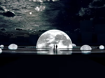 Night Plaza Landscape With Large Glowing Sphere Two People Small Spheres Reflection And Moon Clouds 3d model