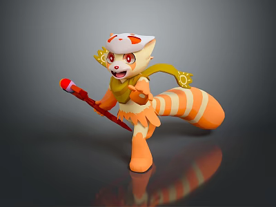 Cartoon Game Movie Character With White Headwear Orange White Stripes And Red Staff Standing 3d model