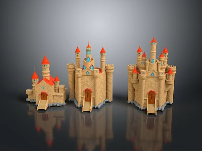 Three Fairy Tale Style Castle Buildings With Red Spires Blue Decorations And Stone Exterior 3d model