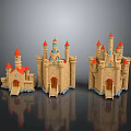 Three Fairy Tale Style Castle Buildings With Red Spires Blue Decorations And Stone Exterior