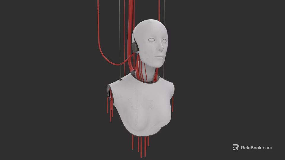 White Female Mannequin with Red Lines Hanging Around Neck and Body on Black Background 3d model 