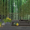 Zen Courtyard Garden with Bamboo Grove Lattice Fence Yellow Flowers and Raked Gravel