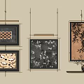 Abstract Paintings With Various Patterns In Gold Frames Hanging On Beige Wall And Decorative Ornaments