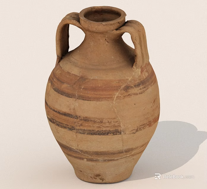 Handmade Clay Vase With Two Handles And Striped Decoration Details 3d model 