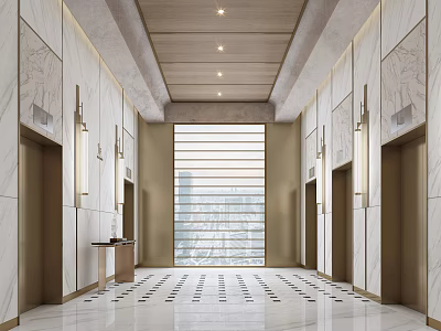 Elegant Modern Elevator Lobby Interior With Marble Walls Elevator Doors And Patterned Floor 3d model