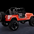 Orange Jeep Open Top Convertible With Large Off Road Tires And Gray Seats