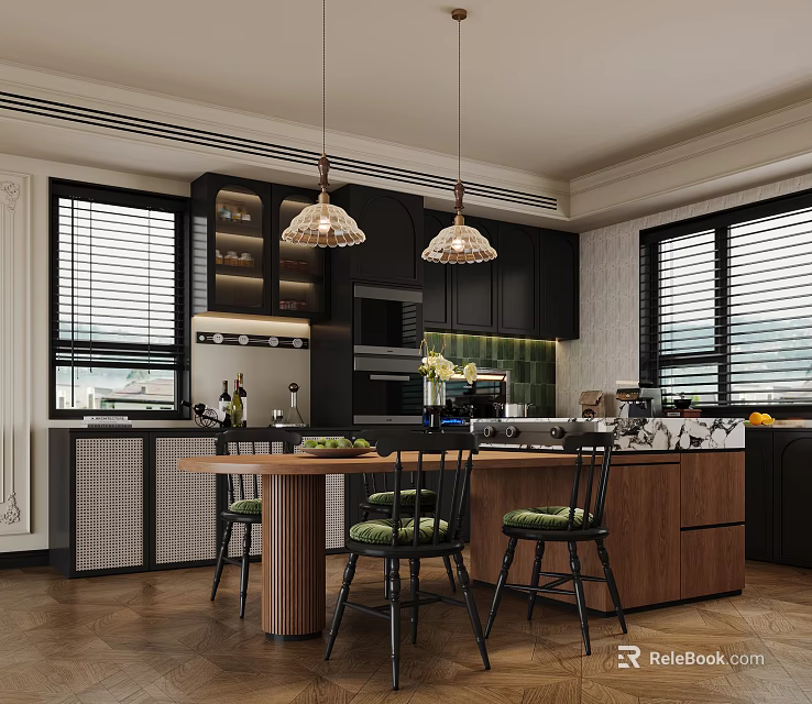 Elegant Modern Restaurant Kitchen With Wooden Island Pendant Lights And Dark Cabinets 3d model 