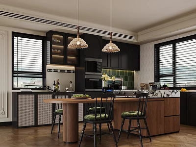 Elegant Modern Restaurant Kitchen With Wooden Island Pendant Lights And Dark Cabinets 3d model