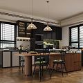 Elegant Modern Restaurant Kitchen With Wooden Island Pendant Lights And Dark Cabinets