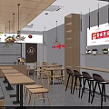 Fenmian Shijia Noodle Restaurant with Red Signage Wooden Tables Chairs and Pendant Lights