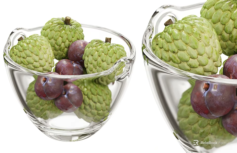 Transparent Ceramic Bowls Containing Fresh Green Custard Apples And Purple Plums 3d model 