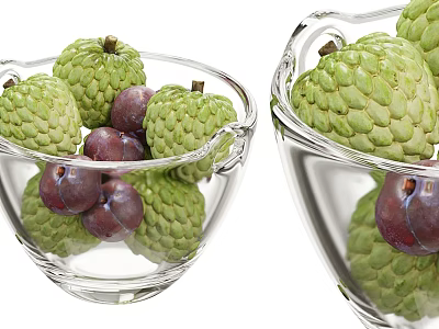 Transparent Ceramic Bowls Containing Fresh Green Custard Apples And Purple Plums 3d model