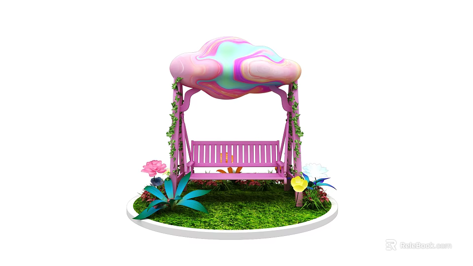 Colorful Cloud Shaped Canopy Pink Swing With Green Vines Flowers And Grass Photo Spot 3d model 