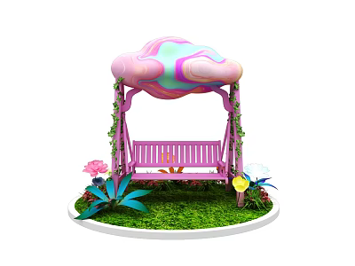 Colorful Cloud Shaped Canopy Pink Swing With Green Vines Flowers And Grass Photo Spot 3d model