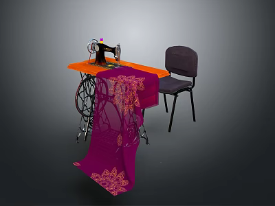 Sewing Machine On Orange Table With Purple Patterned Fabric And Gray Chair 3d model