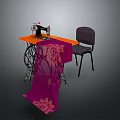 Sewing Machine On Orange Table With Purple Patterned Fabric And Gray Chair