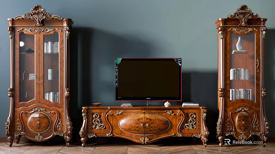 Ornate Wooden Classic TV Stand With Symmetric Display Cabinets And Glass Doors 3d model 