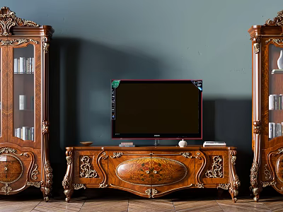 Ornate Wooden Classic TV Stand With Symmetric Display Cabinets And Glass Doors 3d model
