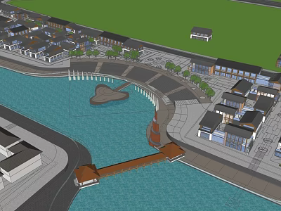 Waterfront Commercial Street With Modern Buildings Pedestrian Area And Scenic Landscaping 3d model
