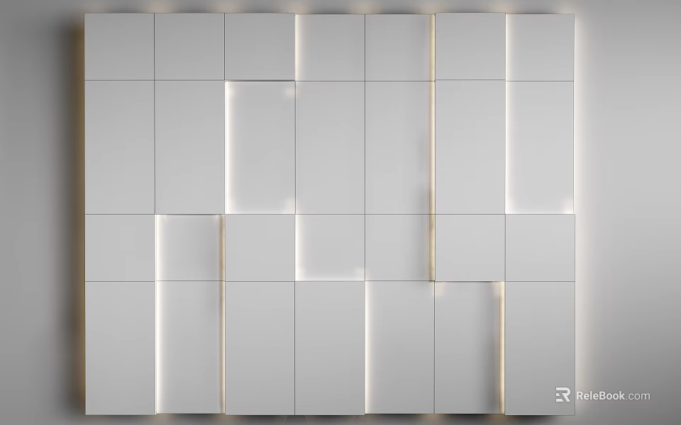 Modern White Wall Design with Square Panels in Varied Sizes and Edge Lighting 3d model 