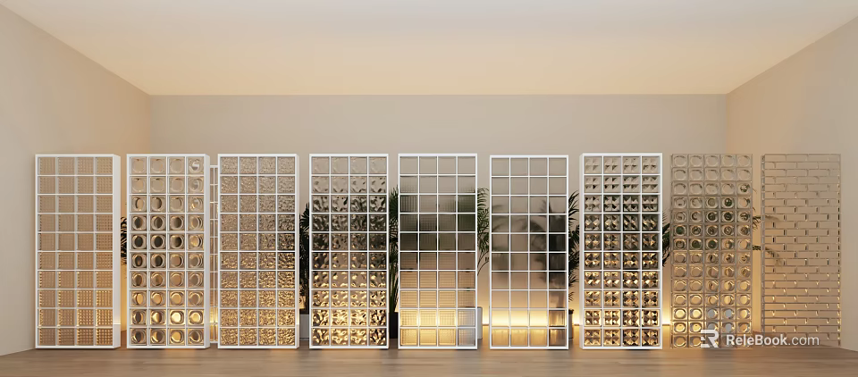 Modern Window Display Design With White Grid Shelves Green Plants And Warm Lighting 3d model 