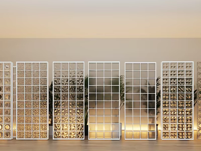 Modern Window Display Design With White Grid Shelves Green Plants And Warm Lighting 3d model