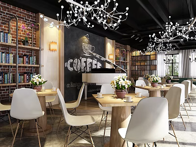 Cozy Cafe Interior With Brick Walls Chandeliers Bookshelves Blackboard Coffee Lettering And White Chairs 3d model