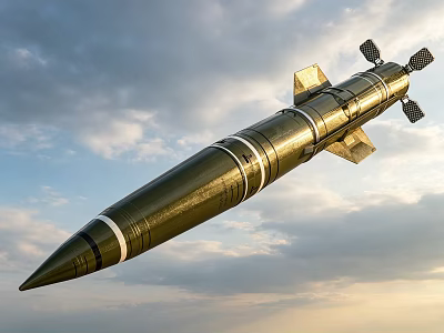 Military Green Missile With Warhead Tail Fins Flying In Cloudy Sky 3d model
