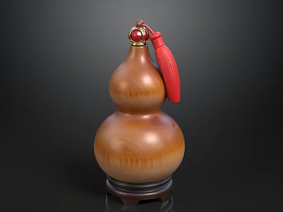 Brown Wooden Gourd Sculpture With Red Tassel And Gold Decoration On Black Base 3d model