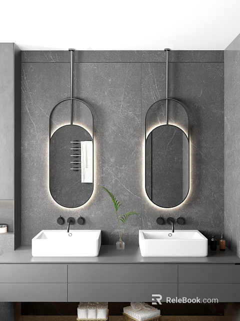 Double Vanity Sink with Oval Backlit Mirrors on Gray Marble Wall and Green Plant 3d model 