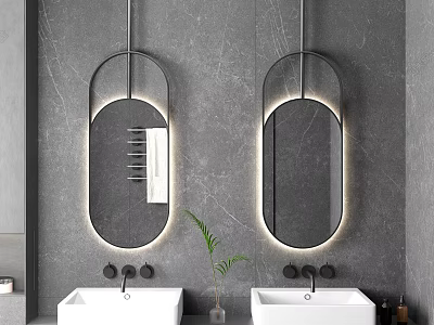 Double Vanity Sink with Oval Backlit Mirrors on Gray Marble Wall and Green Plant 3d model
