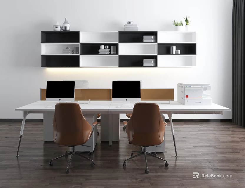 Modern Office Desk Setup With Two Computers Brown Chairs White Shelves And Printer 3d model