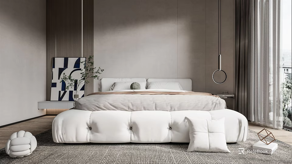Modern Minimalist Bedroom With White Bed Upholstered Ottoman Area Rug And Abstract Wall Art 3d model 