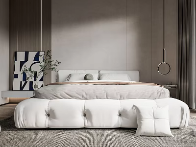 Modern Minimalist Bedroom With White Bed Upholstered Ottoman Area Rug And Abstract Wall Art 3d model