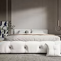 Modern Minimalist Bedroom With White Bed Upholstered Ottoman Area Rug And Abstract Wall Art