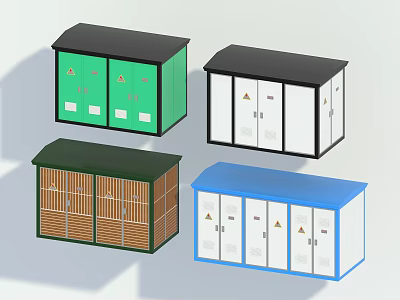 Industrial Outdoor Electrical Cabinets In Various Colors With Warning Signs And Doors 3d model