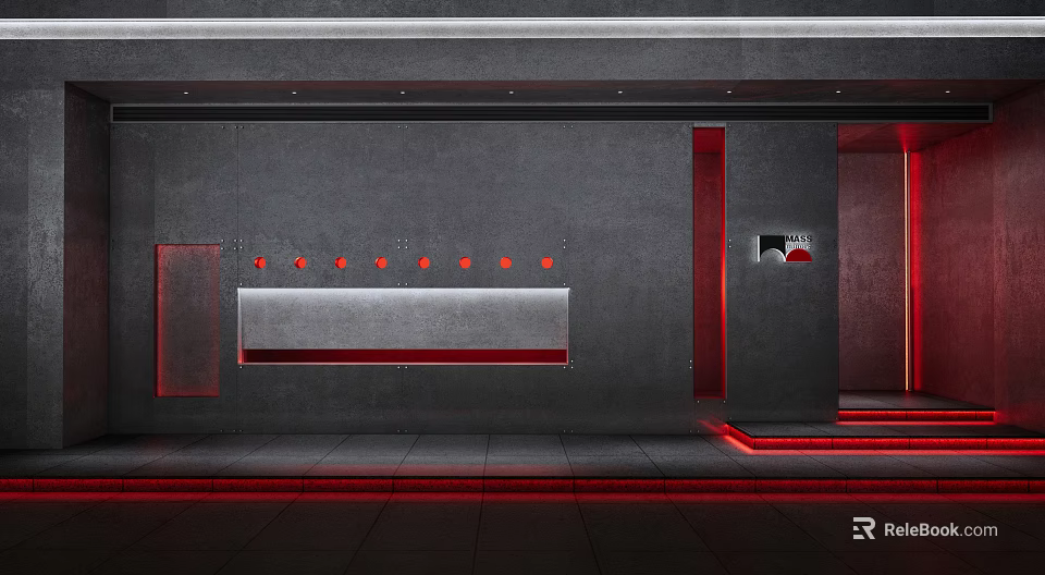 Modern Exhibition Hall Interior Design With Red Accents And Gray Walls Lighting 3d model 