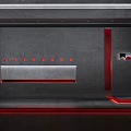 Modern Exhibition Hall Interior Design With Red Accents And Gray Walls Lighting