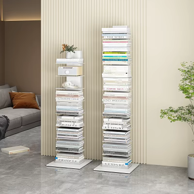Tall Stacked Book Shelf with White Storage Boxes and Potted Plants in Modern Living Room 3d model