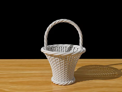 Decorative White Woven Vase With Fresh Flowers On Wooden Table Black Background 3d model
