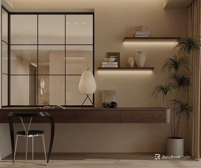 Modern Study Room Interior With Glass Partition Wooden Desk Shelves Decorative Vases And Potted Plant 3d model 