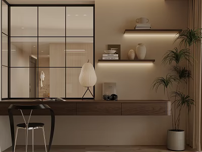 Modern Study Room Interior With Glass Partition Wooden Desk Shelves Decorative Vases And Potted Plant 3d model