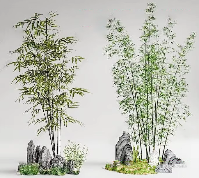 Decorative Tree Planter Landscaping With Green Bamboo Stalks And Natural Stones 3d model 