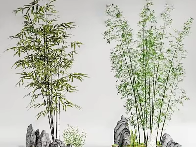 Decorative Tree Planter Landscaping With Green Bamboo Stalks And Natural Stones 3d model