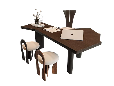 Irregular Dark Wooden Desk with Laptop Books Vase and Two Unique Chairs with Light Cushions 3d model