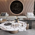 Modern Luxury Living Room Interior With Wooden Walls Circular Art Gray Sofas And Coffee Tables